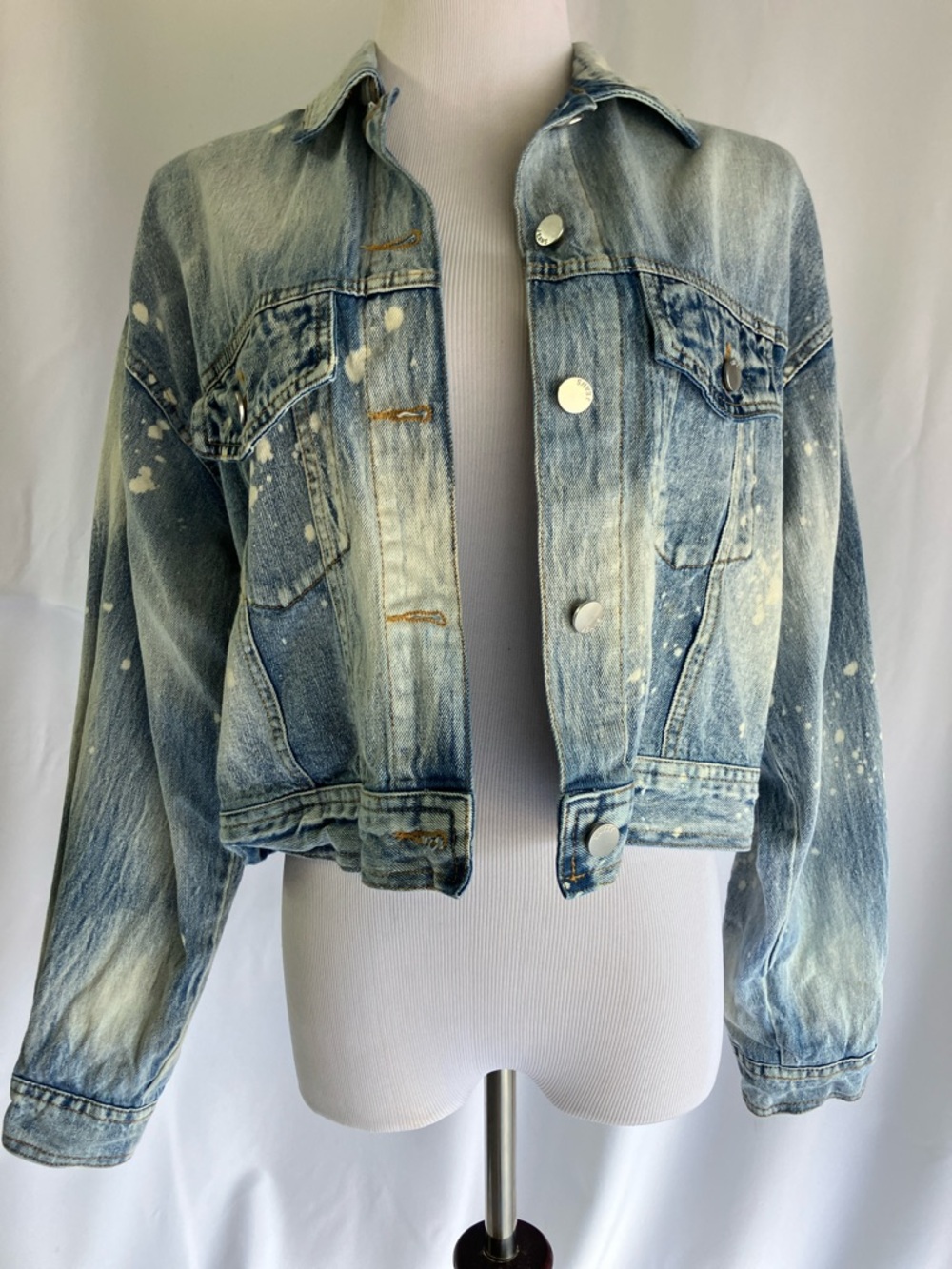 Washed Blue Denim Jean Jacket - Distressed Paint-Splatter Style